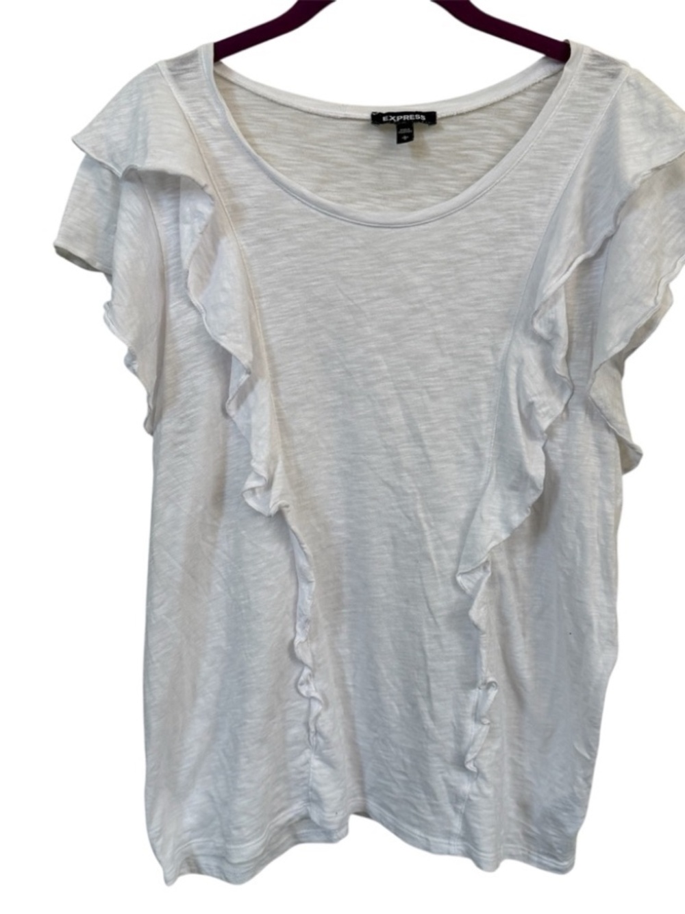 Express White Ruffle Sleeve Tee Top Soft Cotton Modal Size L Casual Girly Basic‎